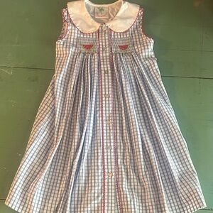 Blue & White Gingham Smocked Kids Dress with Red Trim